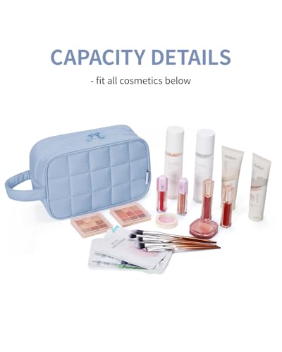 Image of Narwey Puffy Travel Toiletry Bag for Traveling Women Girl, Travel Bag for Toiletries, Cute Makeup Bag Cosmetic Bag Organizer, Quilted Make Up Skincare Medicine Bags (Blue)