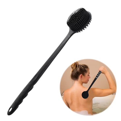 Brosse à Récurer Douche en Silicone de Bain avec Long Manche, Brosse de Bain Massage Corporelle Douce et Confortable, Double Face Épurateur pour le Dos pour Exfoliation Et le Corps, Noir