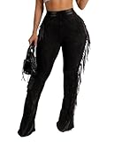 BOKITECAO Women's Casual Mid Waist Fringed Cotton Bodycon Tassels Side Long Pants Jogger Sweatpant Black