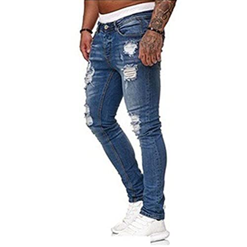 Hungson Men's Blue Slim Fit Jeans Stretch Destroyed Ripped Skinny Jeans Side Striped Denim Pants #TOP1
