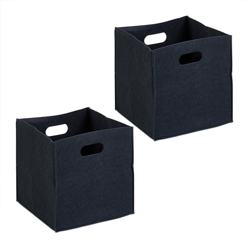 Relaxdays Aufbewahrungsbox 2er Set, Faltbare Regalboxen, HBT: 30 x 30 x 30 cm, Grifflöcher, Faltboxen aus Filz, schwarz