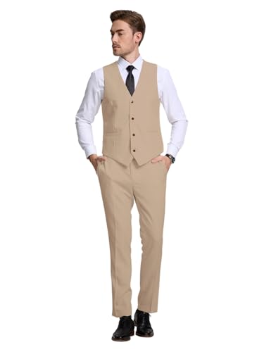 Men's Linen Suits 2 Piece Slim Fit Suit Lightweight Summer Beach Wedding Prom Vest and Pants Set