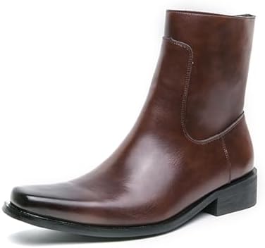 Mens Leather Pull On Low Chunky Heels Square Toe Dress Western Chelsea Boots Casual Ankle Cowboy Boots with Side Zipper & Buckles for Prom Formal Party Working Business