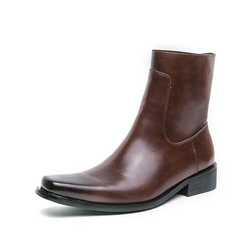 Mens Leather Pull On Low Chunky Heels Square Toe Dress Western Chelsea Boots Casual Ankle Cowboy Boots with Side Zipper & Buckles for Prom Formal Party Working Business