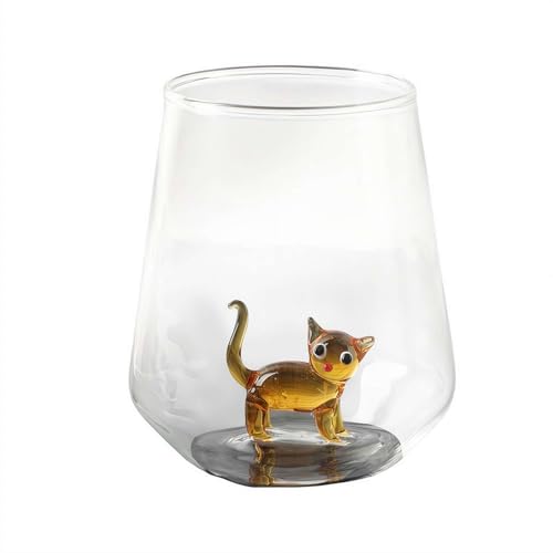 Image of Handmade Cute Cats Glass Cup - 3D Cat Figurine Stemless Wine Glass for Cat Lovers, Cats Figurine GlassCup with Handblown Figures Inside, Unique Feline Barware Gift for Coffee Wine (Brown)