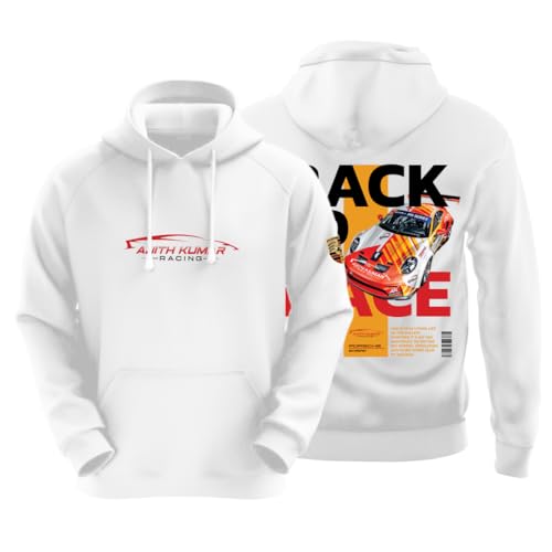 Image of DUDEME : Ajith Kumar Car Racing Motorsport Hoodie | AK Designs | Car Enthusiast for Men & Women White Hoodie 100% Cotton Car Printed Hoodies.