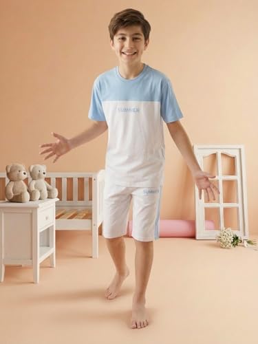 Image of Li'l Tomatoes Boys 100% Cotton Night Suit Set | Half Sleeve T-Shirt & Shorts | Color Block & Typography Print | Soft & Breathable Sleepwear | Casual Summer Wear | 9-16 Years