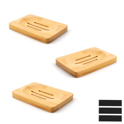 0XBIT Jabonera de Madera Natural, 3 Piezas Con Orificio de Drenaje y Alfombrilla Antideslizante, Apta para Baño y Cocina