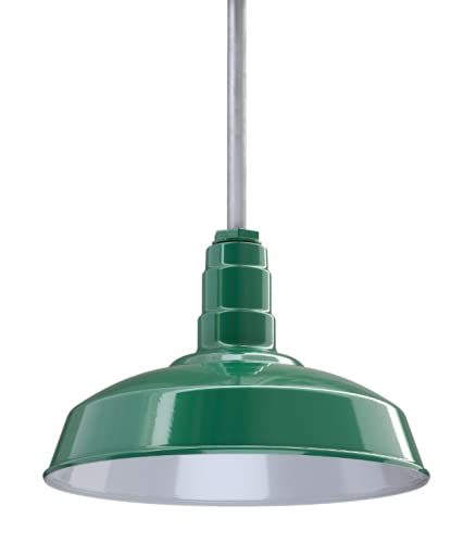 Image of Steel Lighting Co. Carson Barn Light | Ceiling Mounted Pendant | 16 inch Dome | 12 inch Sloped Stem | Industrial Style Steel Light Made in America | Green Exterior /White Interior