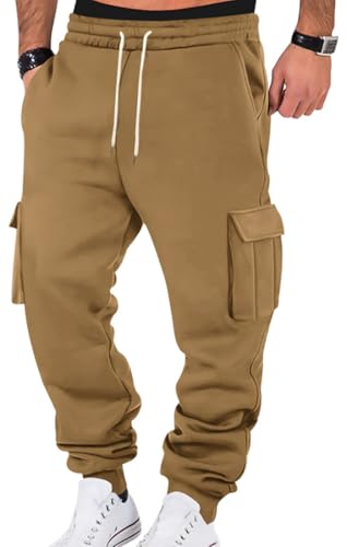 WINKEEY Pantalon Jogging Homme Pantalon Survetement Homme Jogging Cargo avec Poches, Marron XXL