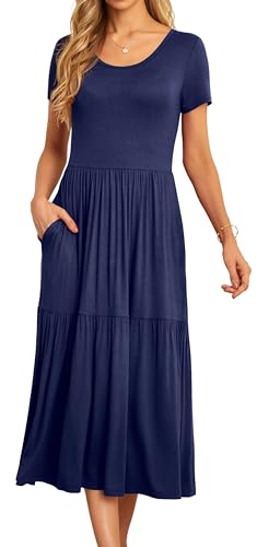 GRECERELLE Womens Summer Maxi Dress Casual Short Sleeve Crew Neck Swing Flowy Tiered Party Dresses with Pockets for Weddings, Holidays (Navy Blue, L) - Image 3