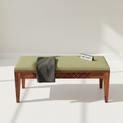 Image of Sheesham Wooden Bench for Living Room with Cushion Seating - Dining Bench for Sitting - 3 Seater Upholstered Benches for Home & Office Indoor /Outdoor Table for Balcony (Design 8)