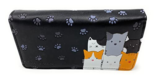 Shag Wear Kitty Cat Crowd Chic Large Animal Wallet for Women and Teen Girls Vegan Faux Leather Black 7"2