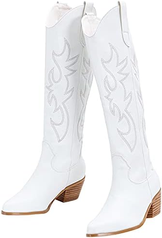 Ouepiano Women's Cowboy Boots Embroidered Western Cowboy Boots Knee High Stitching Almond Medium Heel Chunky Heel 5cm Pull-On Pointed Toe Fashion Retro Classic Boot