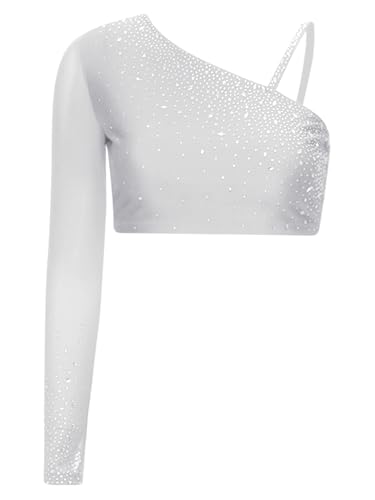 [renvena] Women Lyrical Dance Top Glitter Rhinestone One Shoulder Crop Tops Ballroom Latin Yoga Shirt  M