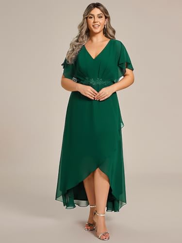 Image of Ever-Pretty Plus Women's V Neck Applique Plus Size Wedding Guest Dress Applique Short Sleeves Maxi Foraml Dresses