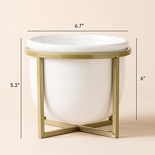 LA JOLIE MUSE Ceramic Flower Plant Pot with Stand - 6.7 Inch White Indoor Planter Pot with Gold Metal Stand for Herbs Orchids Cacti Succulents by LA JOLIE MUSE - Image 6