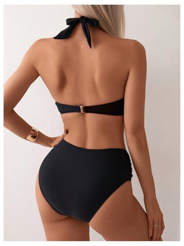 MakeMeChic Women's Bikini Sets Criss Cross Ruched Halter High Waisted Bathing Suit2