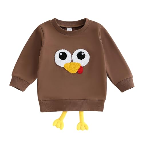 Generisch Sweat à capuche de Thanksgiving pour garçon Motif dinde brodé Sweatshirt Saison d'automne Tout-petit Tenue de jeu décontractée Sweat à capuche chaud, café, 3-4 ans