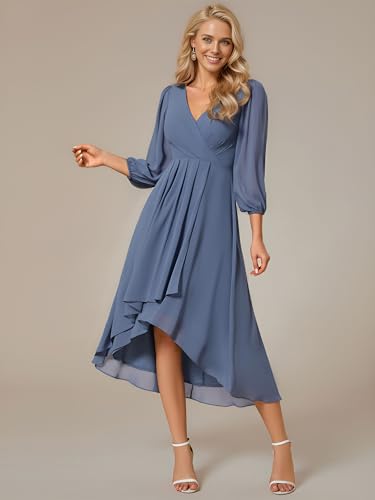 Image of Ever-Pretty Women's Chiffon V Neck Long Sleeves A-Line Midi Length Wedding Guest Dress Cocktail Party Formal Dresses 01926