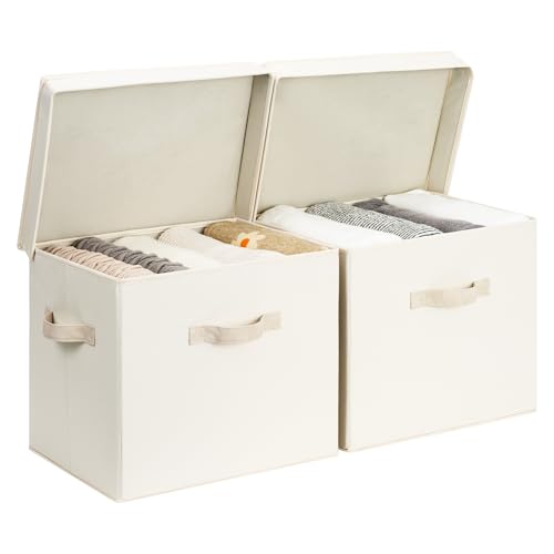 Image of StorageWorks Storage Bins with Lid, Decorative Fabric Storage Bins with Handles, Stackable Closet Organizers for Shelves and Bedroom, Large, Beige(Cotton Linen), 2-Pack