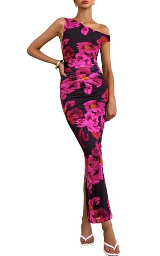 PRETTYGARDEN Women's Summer Maxi Bodycon Dresses Off The Shoulder Sleeveless Floral Print Long Party Club Slit Dress (Floral Black Rose Red, Small)