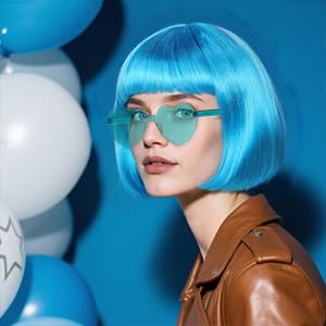 BECULINA Brilliant Blue Bob wig+Hair Cap Blue Funny Wig with Bangs for Women Bright Blued Bob Cosplay Wigs for Cosplay Halloween Theme Party Costume Outfit