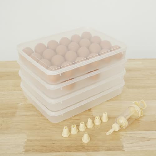 4Pcs Deviled Egg Containers with Lid, Deviled Egg Platter with 9Pcs Deviled Egg Injector Piping Tool, Deviled Egg Carrier for 96 Eggs, Stackable Deviled Egg Tray for Refrigerator