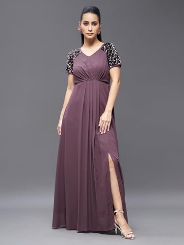 Image of Miss Chase Women's Round Neck Sleeve Embellished Fit Flare Maxi Dress