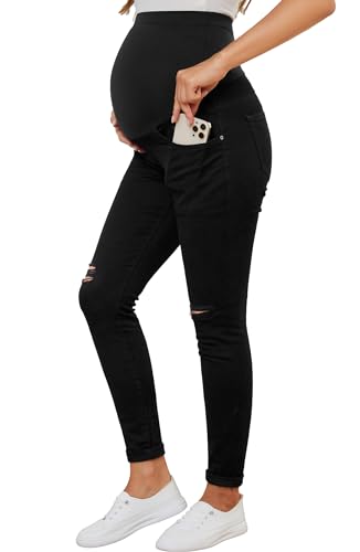 Pacbreeze Women'S Maternity Jeans Over The Belly Slim Ripped High Waist Denim Skinny Distressed Pants cover