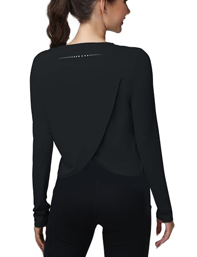 Womens Open Back Workout Tops Athletic Pilates Shirts Tees Gym Tops Running Activewear Long Sleeve UPF 50 Black