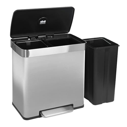 Harbour Housewares 60L Double Kitchen Pedal Bin 2 x 30L Brushed Stainless Steel Recycling Waste Bin with Soft Close Lids Dual Compartments & Removable Inner Buckets for Home & Office