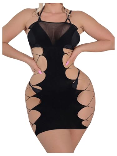 SHENHE Women's Fishnet Lingerie Strapless Strap Mini Bodysuit Dress Chemise Cut Out Bodysuit Babydoll Nightwear-one-size Black
