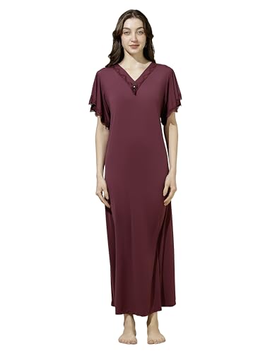 Image of 9shines Label Stylish Soft Modal Maxi Nighty | Honeymoon Nighty | Full Length Trendy Nightgown | V-Neck Lace | Premium Nightdress | Soft Long Nightdress | Maxi Gown Nightwear for Women (Malai Satin)
