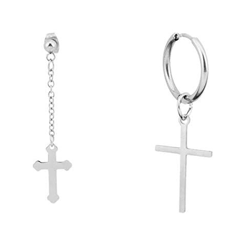 Cross Earrings For Men Asymmetrical Drop Hoop Silver Stainless Steel Aesthetic Goth Punk Vintage Kpop Simple Cross Dangle Earrings For Eboy Egirl Jewelry, Stainless Steel, count Cover