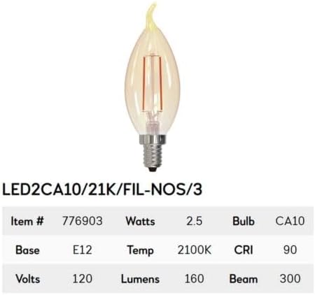 Bulbrite (Pack of 10) 776903, 2.5W LED Amber Light Bulb, Flame Tip, CA10 2100k Filament Nostalgic E12 Candelabra Base for use in Chandeliers and sconces Fully Compatible Dimming