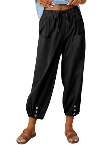 Limerose Women's Casual Elastic High Waist Pants Button Ankle Length Trouser Slacks with Pockets