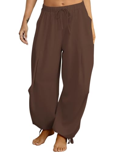 Image of Women's Linen Balloon Barrel Beach Pants Boho Harem Flowy Drawstring Casual Loose Pants with Pockets