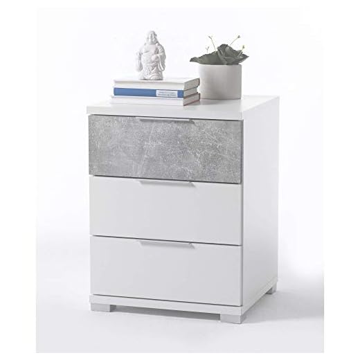 Stella Trading Universal Mesilla de noche, acabado en hormigón y blanco, moderna, con 3 cajones, para tu cama con somier, 46 x 61 x 42 cm (ancho x alto x fondo)