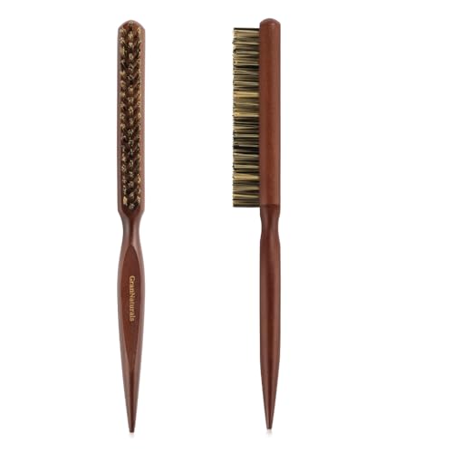 GranNaturals Hard Bristle Teasing Hair Brush for Women - Stiff Slick Back Comb with Rat Tail Pick for Hair Sectioning Used for Edge Control Backcombing Smoothing Styling Fine Hair to Create Volume