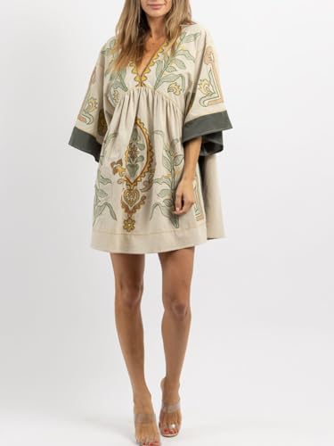 Womens Oversized Embroidered Dress with V-Neck and 3/4 Sleeves Vintage Embroidery Babydoll Dress4