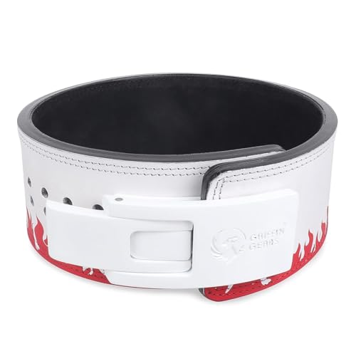 Image of 13MM UV Print Designer Lever Gym Belt | Custom Powerlifting Belt | 100% Full Grain Genuine Leather | IPF Standard | Red Fire Belt with White Buckle | Size Small