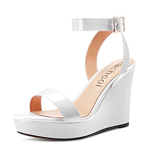 Image of Aachcol Women Platform Wedge Sandals Round Peep Open Toe Ankle Strap Slingback Two-Piece Chunky Block High Heel Dress Shoes Pumps Party Patent 4 Inch