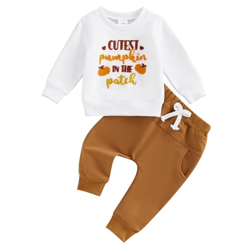 BemeyourBBs Toddler Baby Boy Fall Winter Clothes Funny Letter Long Sleeve Sweatshirt and Pants Set 2 Piece Sweatsuit Outfit (Cutest pumpkin in the patch white, 12-18 Months)