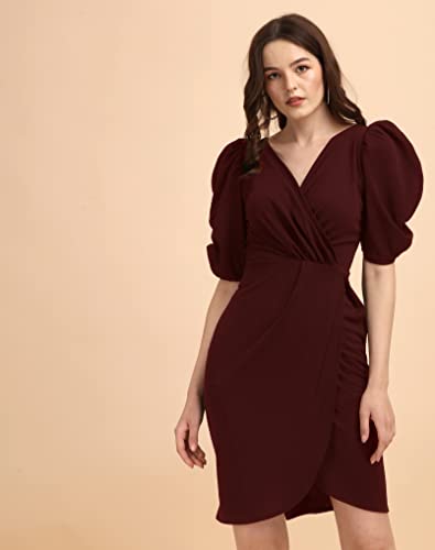 Image of Sheetal Associates Women's Puff Sleeve V-Neck Bodycon Casual Mini Dress