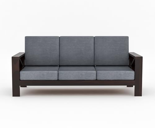 Image of Sheesham Wooden 5 Seater Sofa for Living Room | Rosewood 5 Seater Cushion Sofa X-Legs | Solid Wood Sofa Set for Lounge (3+1+1,Walnut Finish)