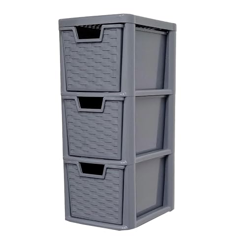 Image of SIDSONS 3 Drawer Small Storage Unit Tower Rattan Effect Grey for Home, Office, Garage, and Study Room Bedroom Bathroom Kitchen | Compact & Convenient Organizer for Small Items (H) 48cm (D)25cm (W)19cm