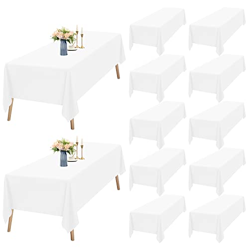Teruntrue Lot de 12 Nappe Rectangulaire Blanche Tissu 153 x 260cm, Lavable Nappes Rectangulaire pour Tables 6 Pieds, Nappe en Polyester pour Fête Mariage Buffet Camping...