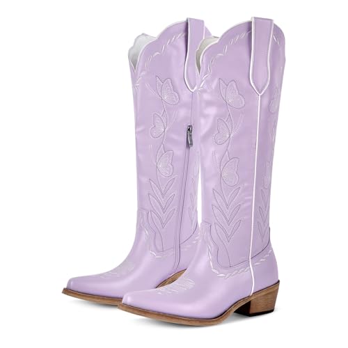 sexytag Butterfly Cowboy Boots for Women Embroidered Floral Cute Cowgirl Western Knee High Boots