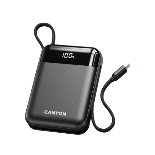 CANYON OnPower 104 Batterie externe 10 000 mAh, charge rapide 22,5 W, PD 20 W, câble USB-C et Lightning intégré, affichage numérique, compatible avec les compagnies aériennes, noir
